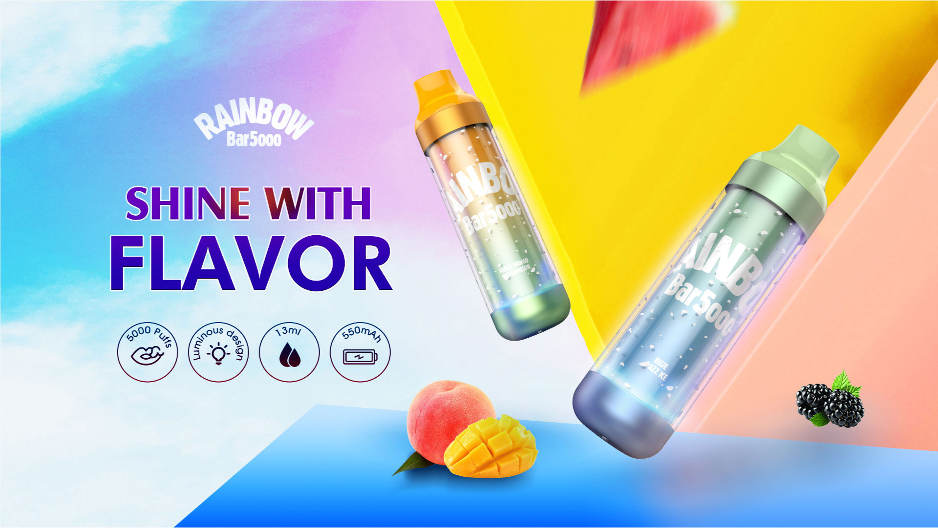 You are currently viewing RAINBOW BAR 5000 5000puffs Disposable vape The specially designed cylindrical shape is comfortable to hold, and  the device that lights up when you inhale exudes a sense of style